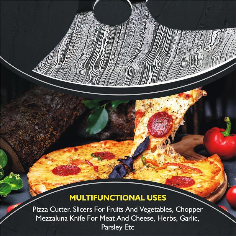 SHARDBLADE Alaskan Ulu Knife with Sheath, Handmade 6.5" Damascus Steel Pizza Cutter Rocker Knife with Natural Bone and Horn, Premium Food Salad Chopper Knife, Traditional Inuit Eskimo Knife - Image 2